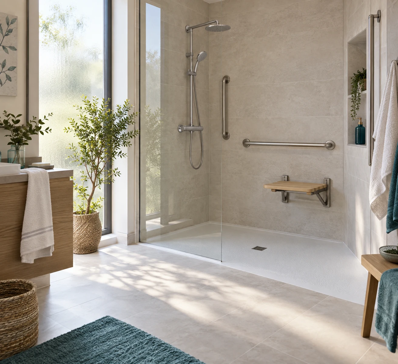 Illustration d’une douche de plain-pied lumineuse, avec siège et barres d’appui.